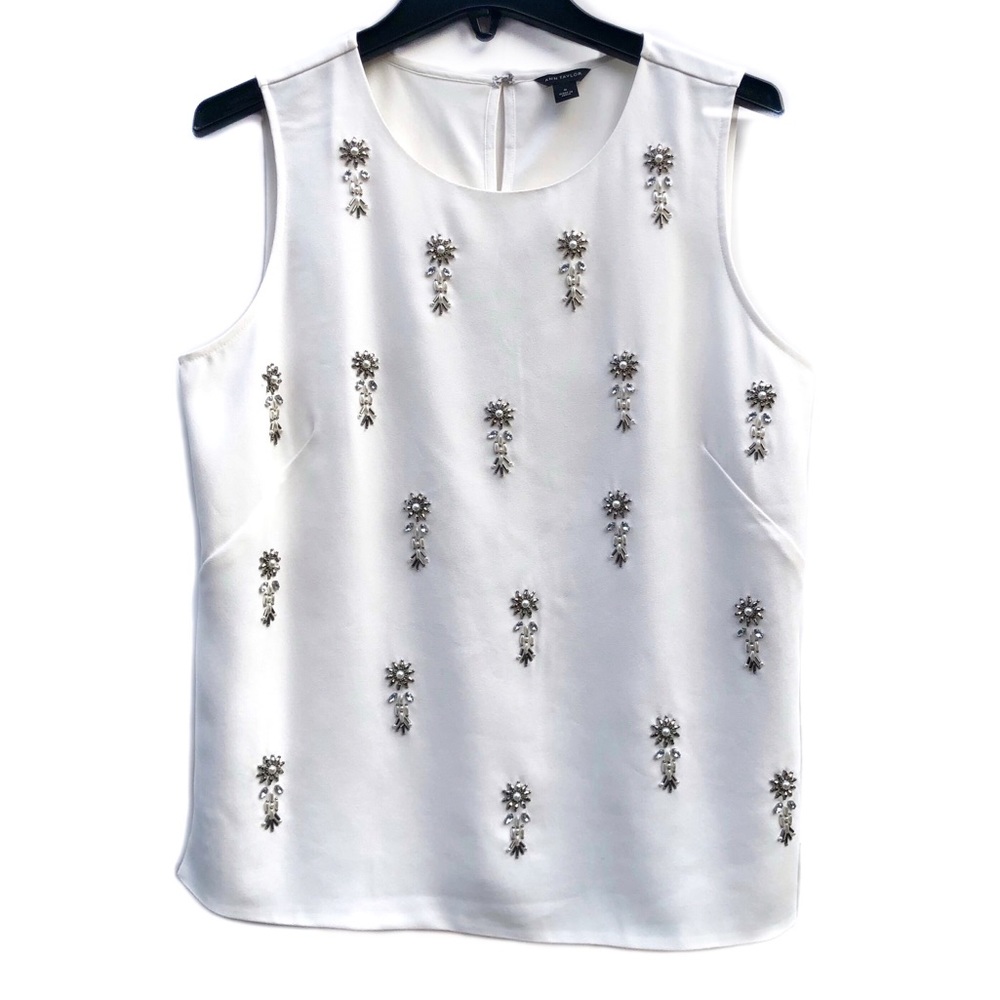 Ann Taylor Blouse Beaded Jeweled Floral Sleeveless Blouse Crewneck Tank Top M